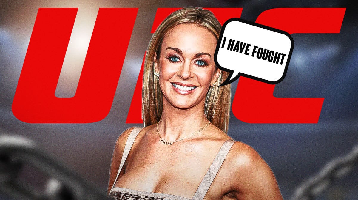 Laura Sanko saying: “I have fought” in front of the UFC logo