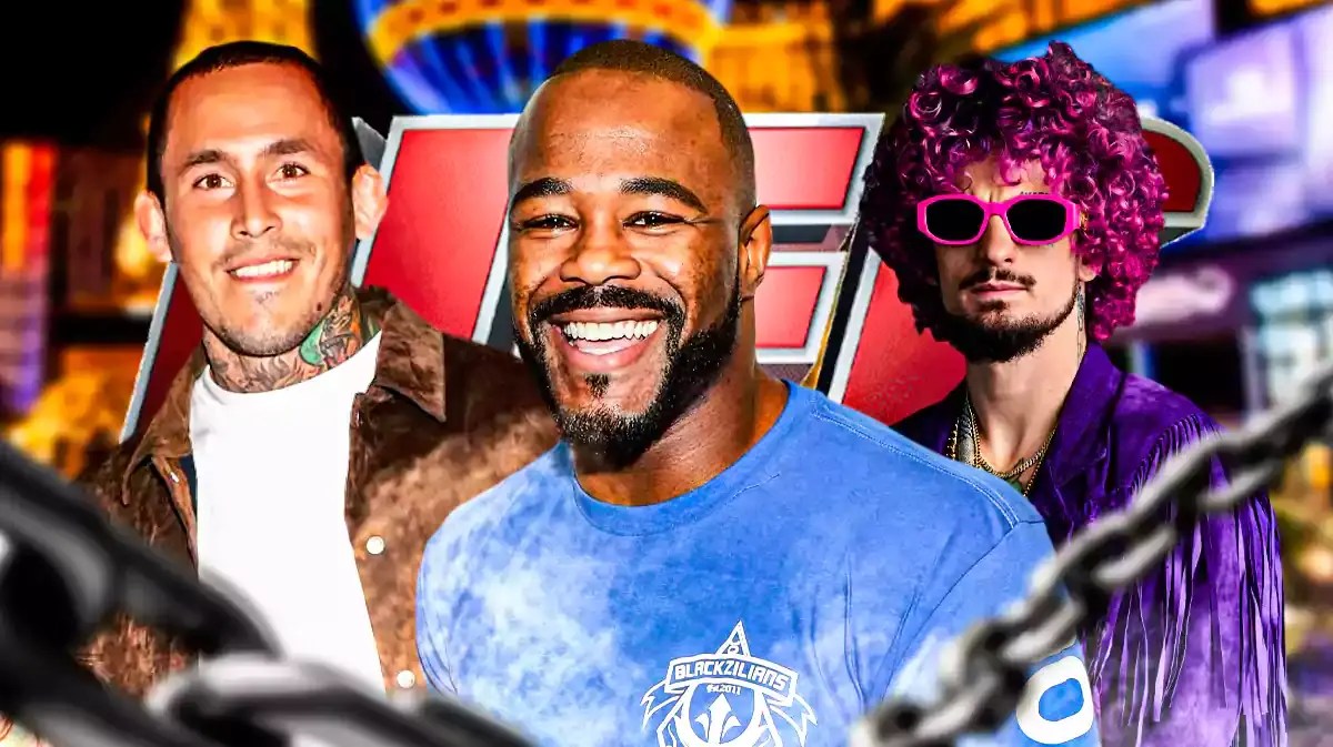 Rashad Evans talking in the middle, Sean O’Malley and Chito Vera on the sides, the UFC logo at the back