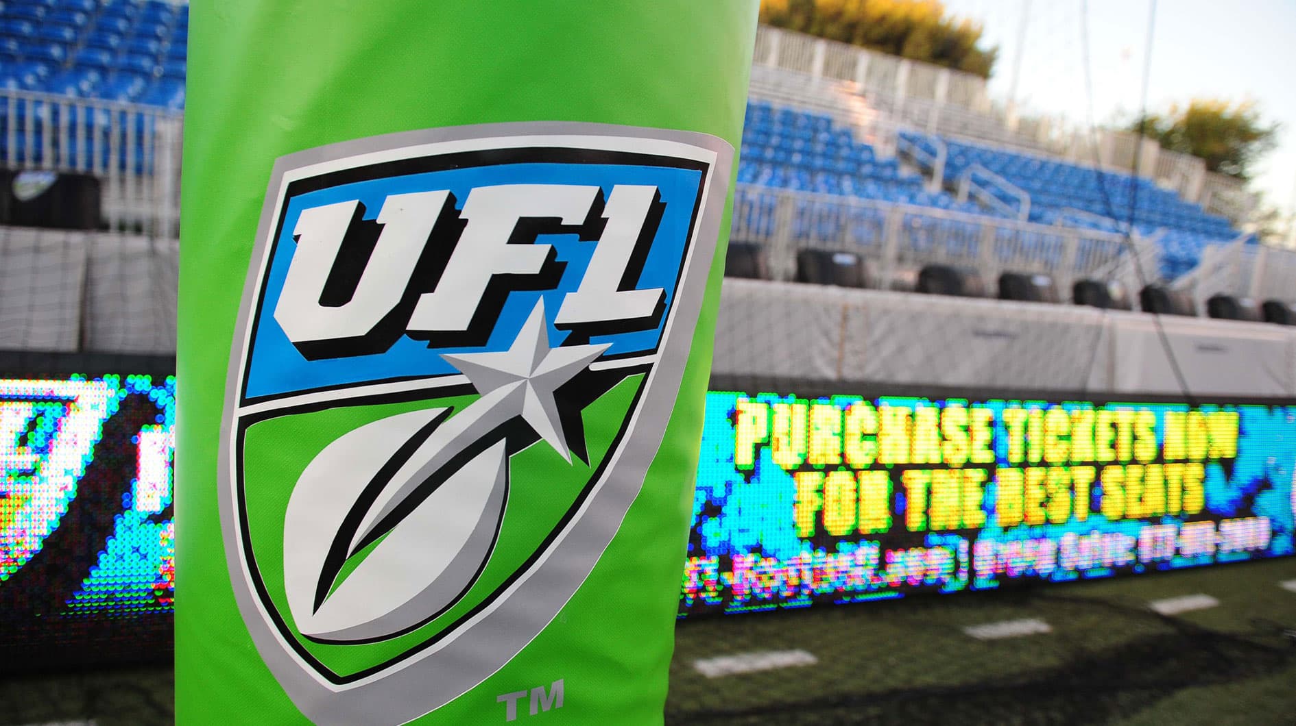 Detailed view of a UFL logo on the goal post padding during the game between the California Redwoods against the Las Vegas Locomotives in the inaugural United Football League game at Sam Boyd Stadium. Las Vegas defeated California 30-17. 