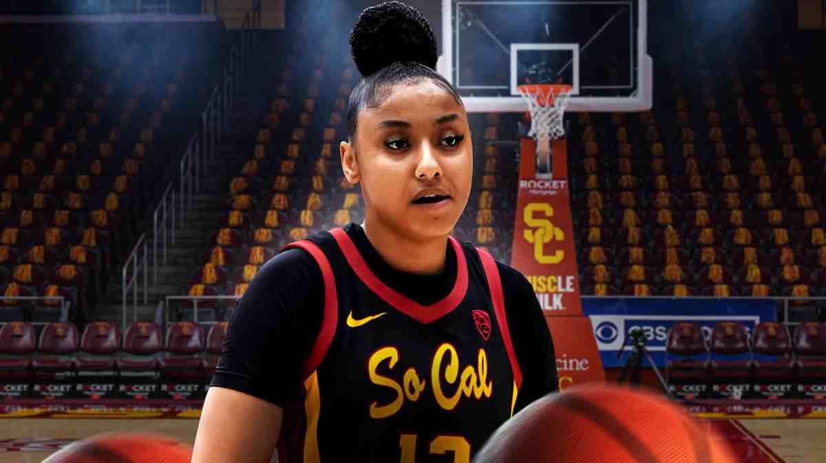 JuJu Watkins with the USC arena in the background, Stanford