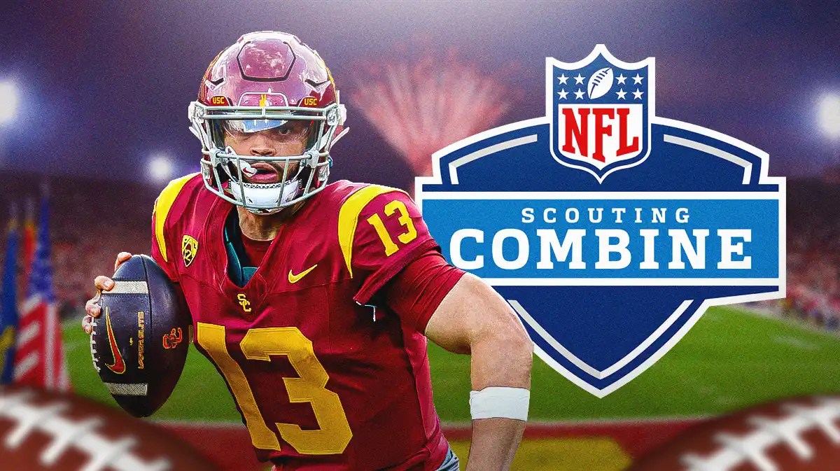 USC football, Caleb Williams, NFL Combine, Trojans, Caleb Wiliams NFL Combine, Caleb Williams and NFL Combine logo with USC football stadium in the background