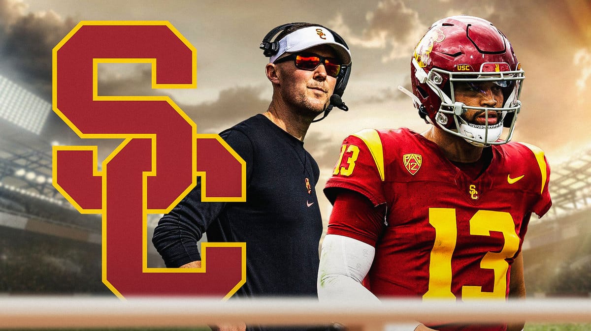 USC football's Lincoln Riley stands next to Caleb Williams, Big Ten, NFL Draft fans stand in stadium