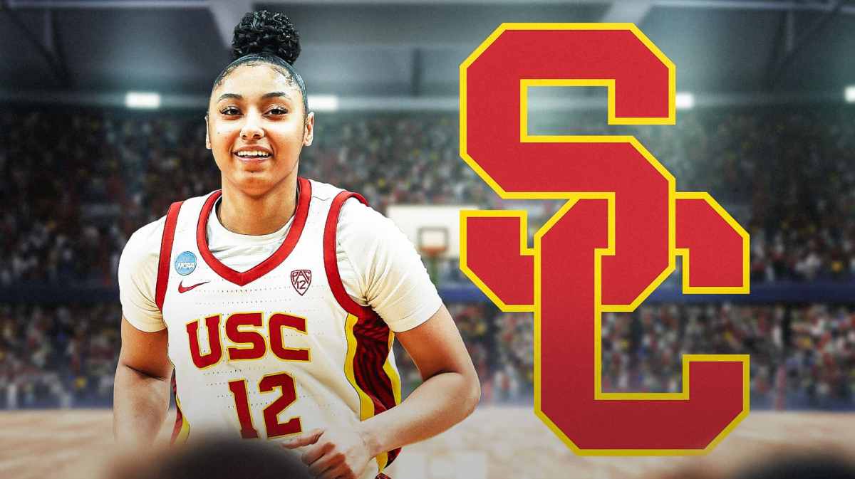 JuJu Watkins with the USC Trojans logo in the background, Elite Eight