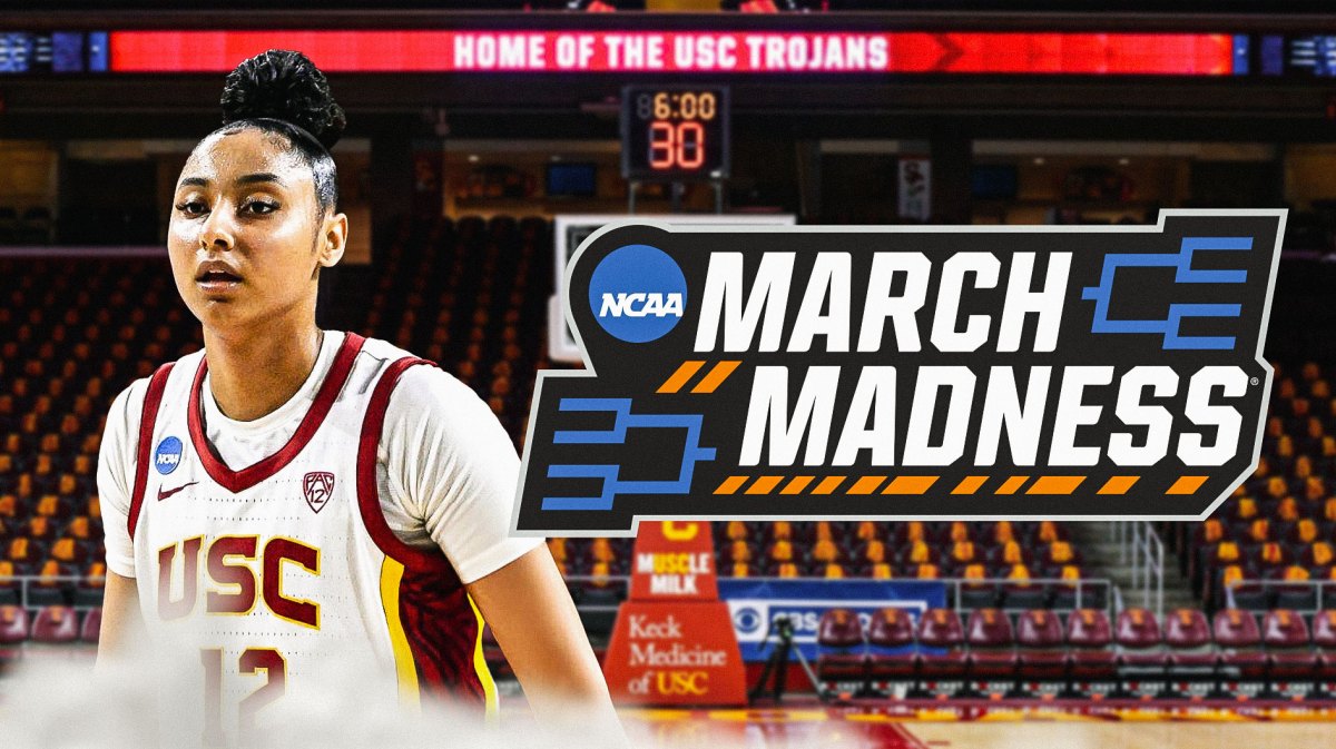 JuJu Watkins with the USC arena and the March Madness logo in the background