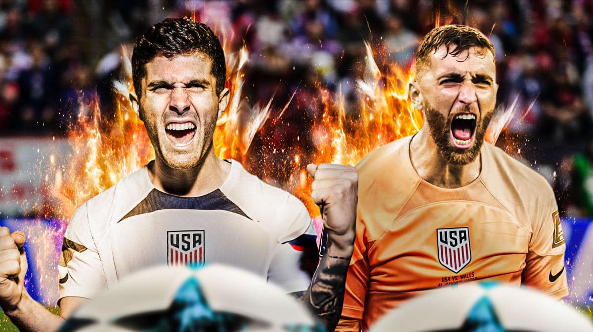 Christian Pulisic, Matt Turner celebrating on fire in front of the USMNT logo