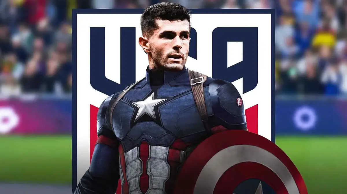 Christian Pulisic as Captain America in front of the USMNT logo