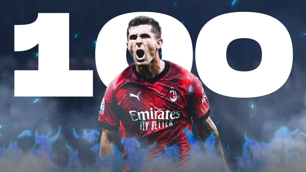 Christian Pulisic celebrating on blue fire in front of the number ‘100’ behind him