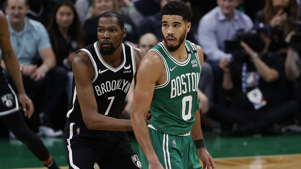 Brooklyn Nets forward Kevin Durant (7) guards Boston Celtics forward Jayson Tatum (0) during the fourth quarter of game two of the first round of the 2022 NBA playoffs at TD Garden