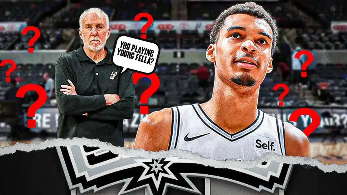 Spurs' Victor Wembanyama with question marks. Gregg Popovich saying "You playing young fella?"