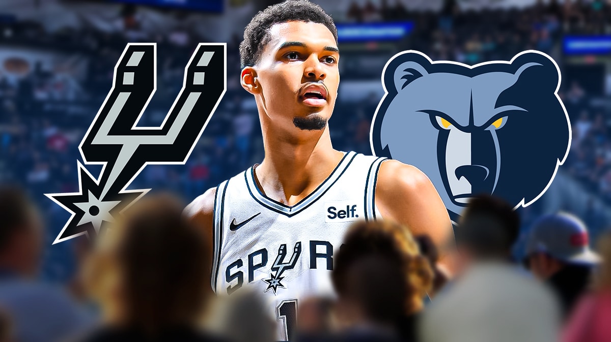 Victor Wembanyama looking serious with Spurs and Grizzlies logos in the backhround