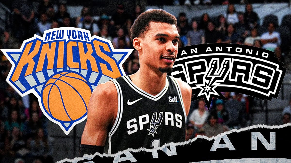 Image: Victor Wembanyama, San Antonio Spurs logo, New York Knicks logo