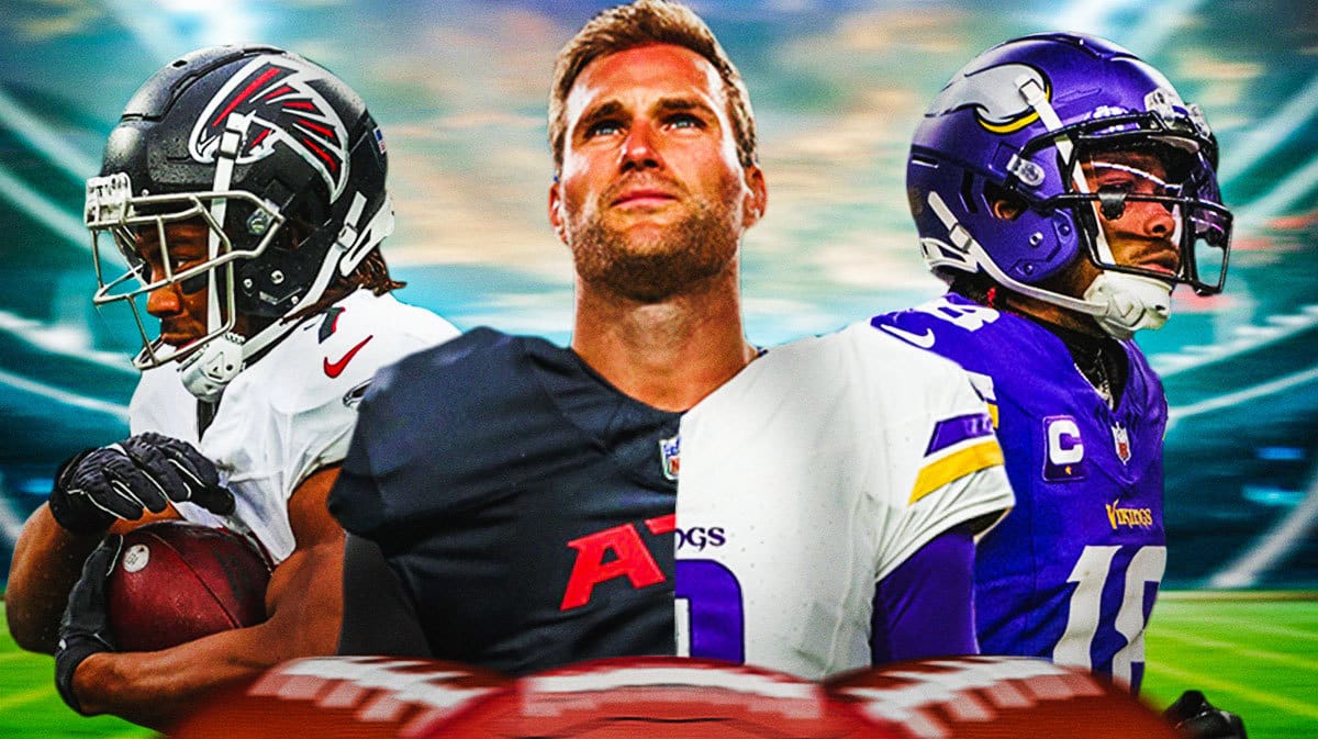 Kirk Cousins in Falcons and Vikings jerseys with Bijan Robinson, Justin Jefferson.