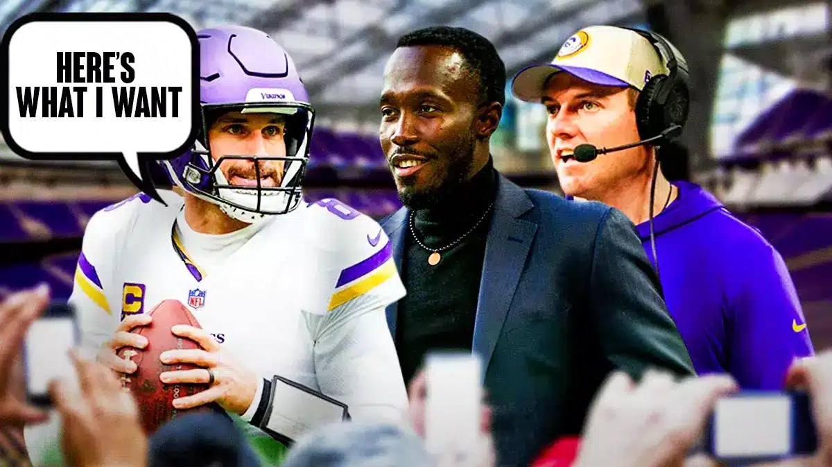 Kirk Cousins on one side with a speech bubble that says “Here’s what I want”, Kwesi Adofo-Mensah and Kevin O’Connell on the other side