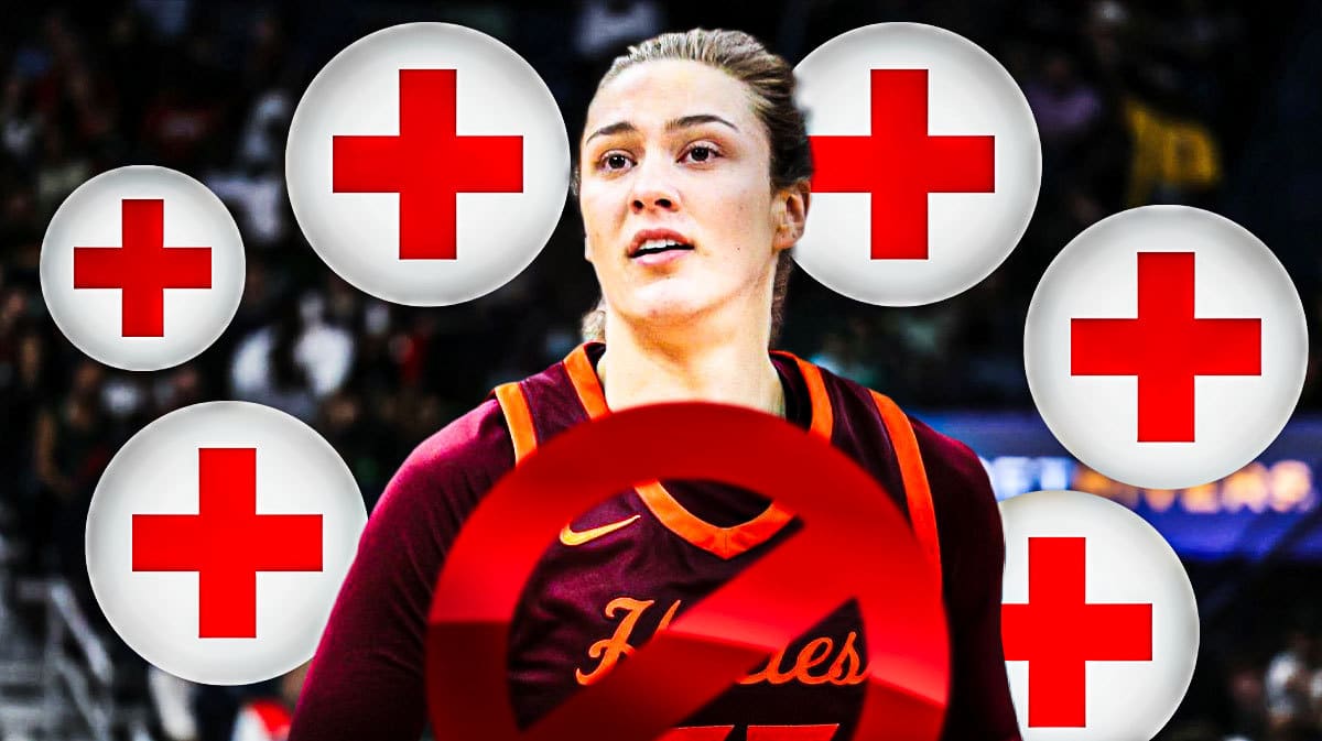Virginia Tech women’s basketball player Elizabeth Kitley with the injury symbol around her, and canceled/no symbol over her