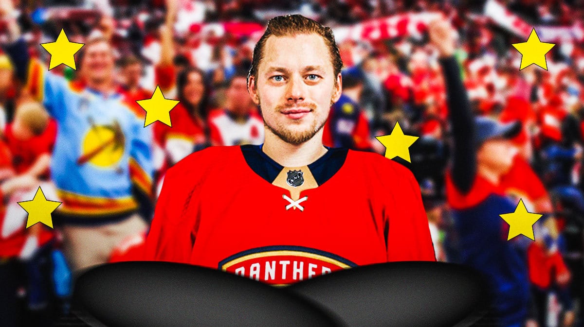 Vladimir Tarasenko on one side in a Florida Panthers jersey with a speech bubble that says “Let’s get to work!” a bunch of Florida Panthers fans on the other side with stars in their eyes