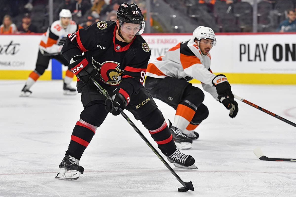 Ottawa Senators right wing Vladimir Tarasenko (91) shoots against the Philadelphia Flyers during the second period at Wells Fargo Center.