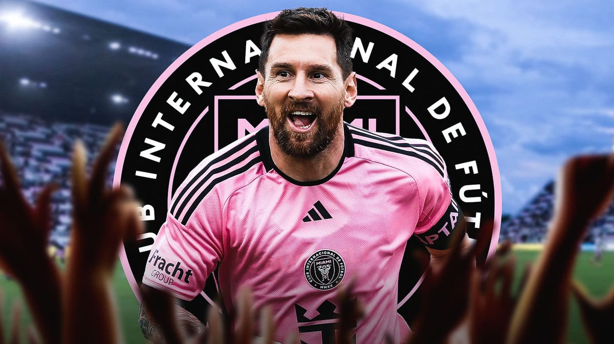 Lionel Messi celebrating in front of the Inter Miami logo