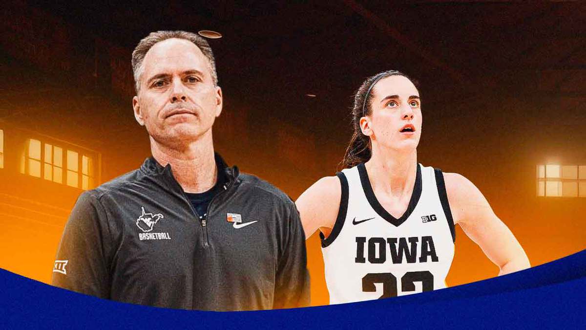 WVU’s Mark Kellogg looking serious, with Iowa’s Caitlin Clark looking angry at Kellogg amid March Madness