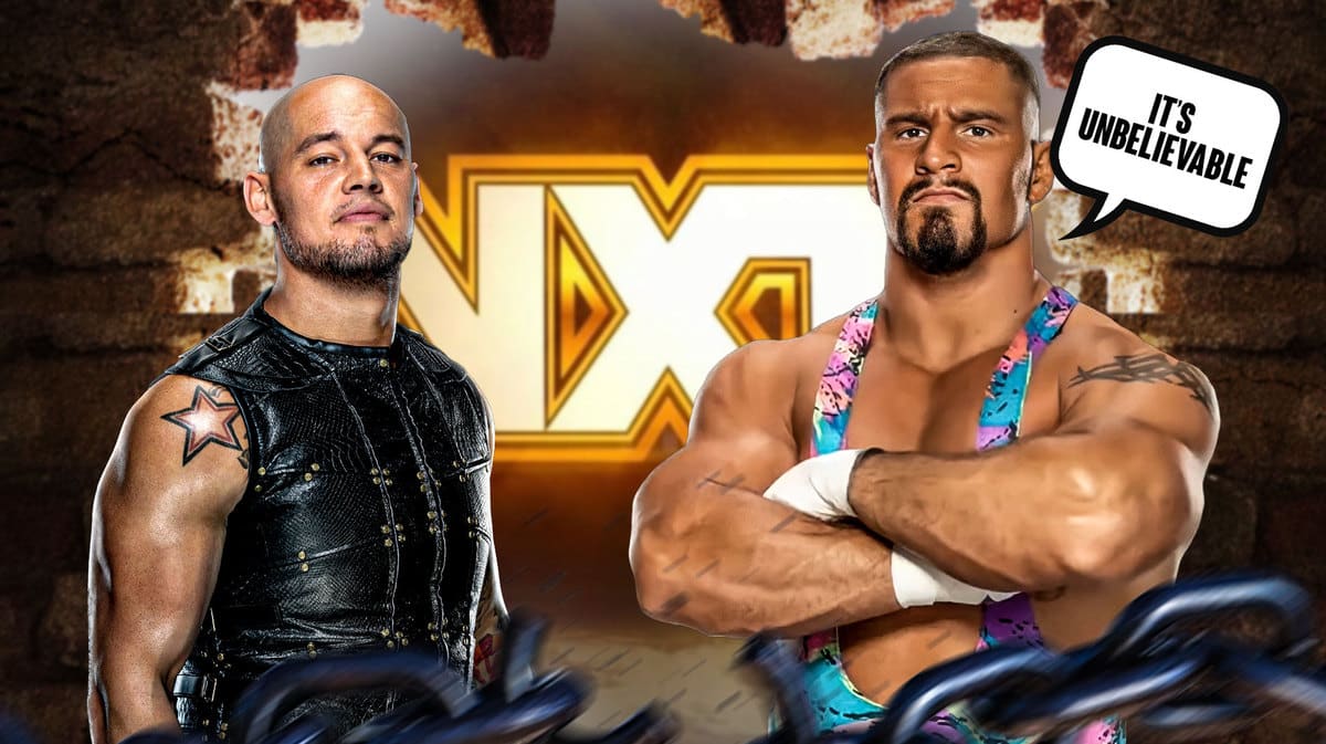 Bron Breakker with a text bubble reading “It’s unbelievable” next to Baron Corbin with the NXT logo as the background.