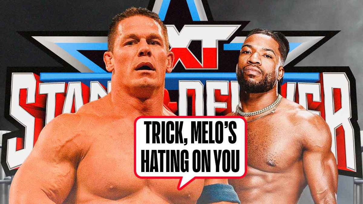 John Cena with a text bubble reading “Trick, Melo's hating on you” next to Trick Williams with the NXT Stand and Deliver logo as the background.