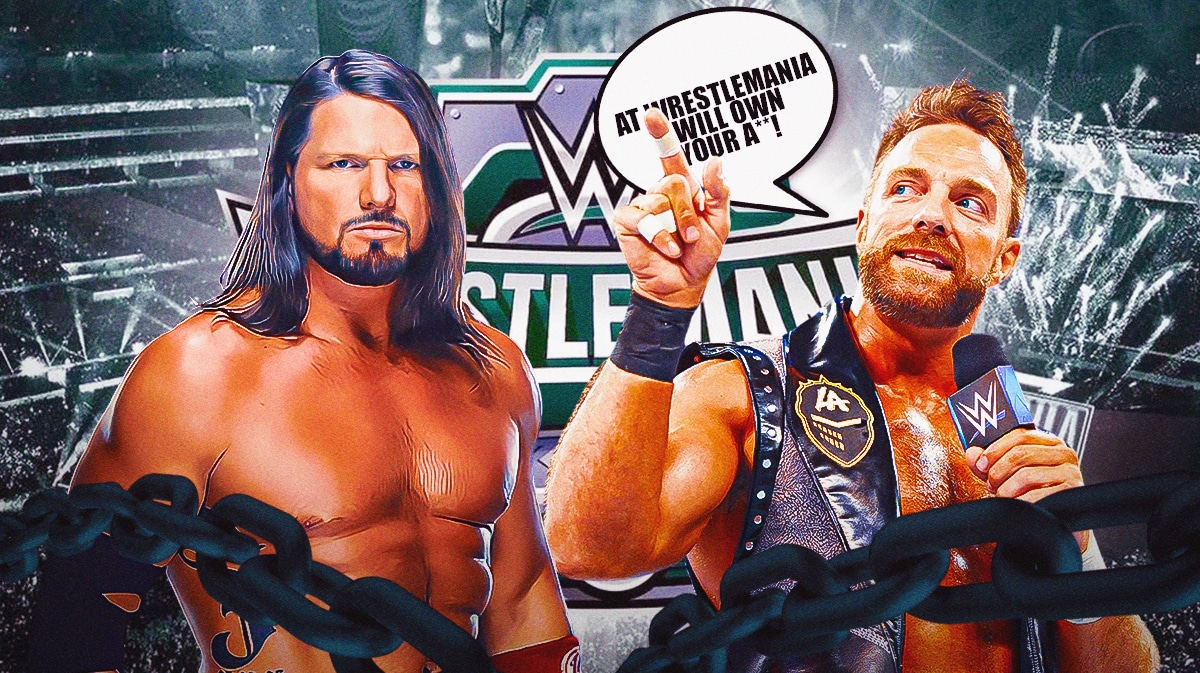 LA Knight with a text bubble reading “At WrestleMania I will own your a**!” next to AJ Styles with the WrestleMania 40 logo as the background.