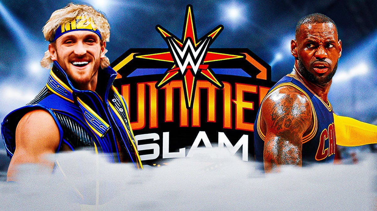 Logan Paul next to LeBron James in his Cleveland Cavilers uniform with the SummerSlam logo as the background.