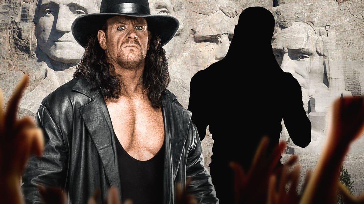 The Undertaker next to the blacked-out silhouette of Shawn Michaels with Mount Rushmore behind them.