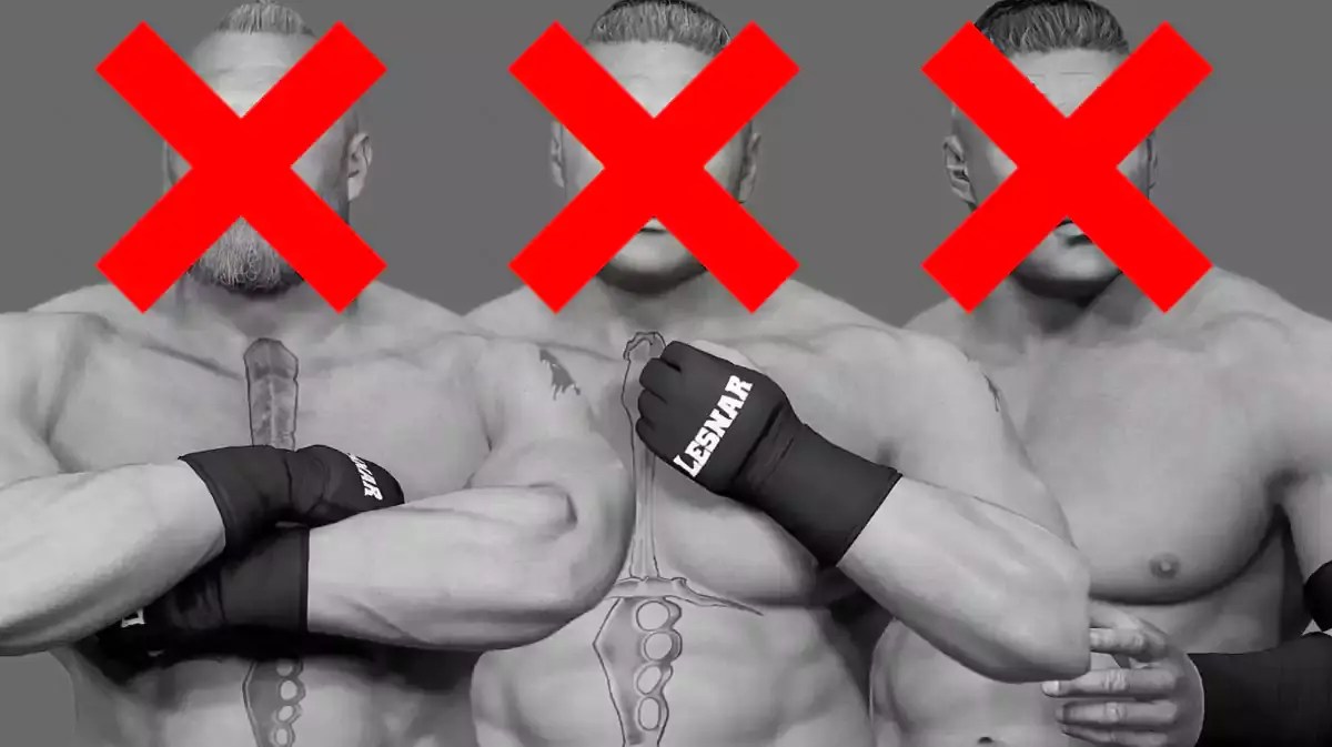 3 versions of Brock Lesnar in greyscale with big red x's on their faces