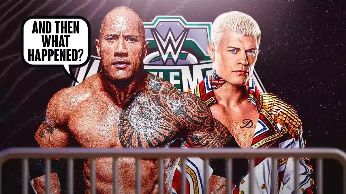 The Rock holding a microphone with a text bubble reading “And _t_hen what happened?” opposite Cody Rhodes with the WrestleMania 40 logo as the background.