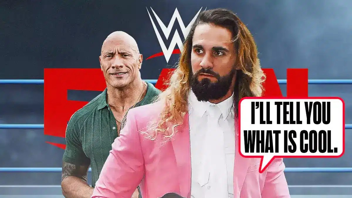 Seth Rollins with a text bubble reading “I'll tell you what is cool!” next to The Rock with the RAW logo as the background.