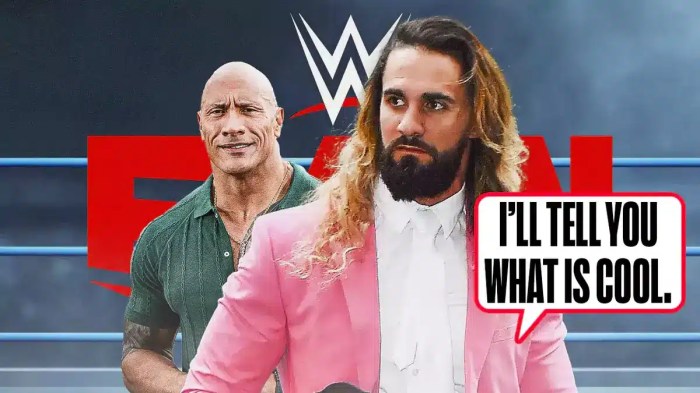 Seth Rollins with a text bubble reading “I'll tell you what is cool!” next to The Rock with the RAW logo as the background.