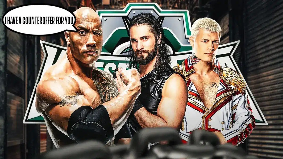 The Rock on the left with a text bubble reading “I have a counteroffer for you” with Seth Rollins and Cody Rhodes on the right with the WrestleMania 40 logo as the background.