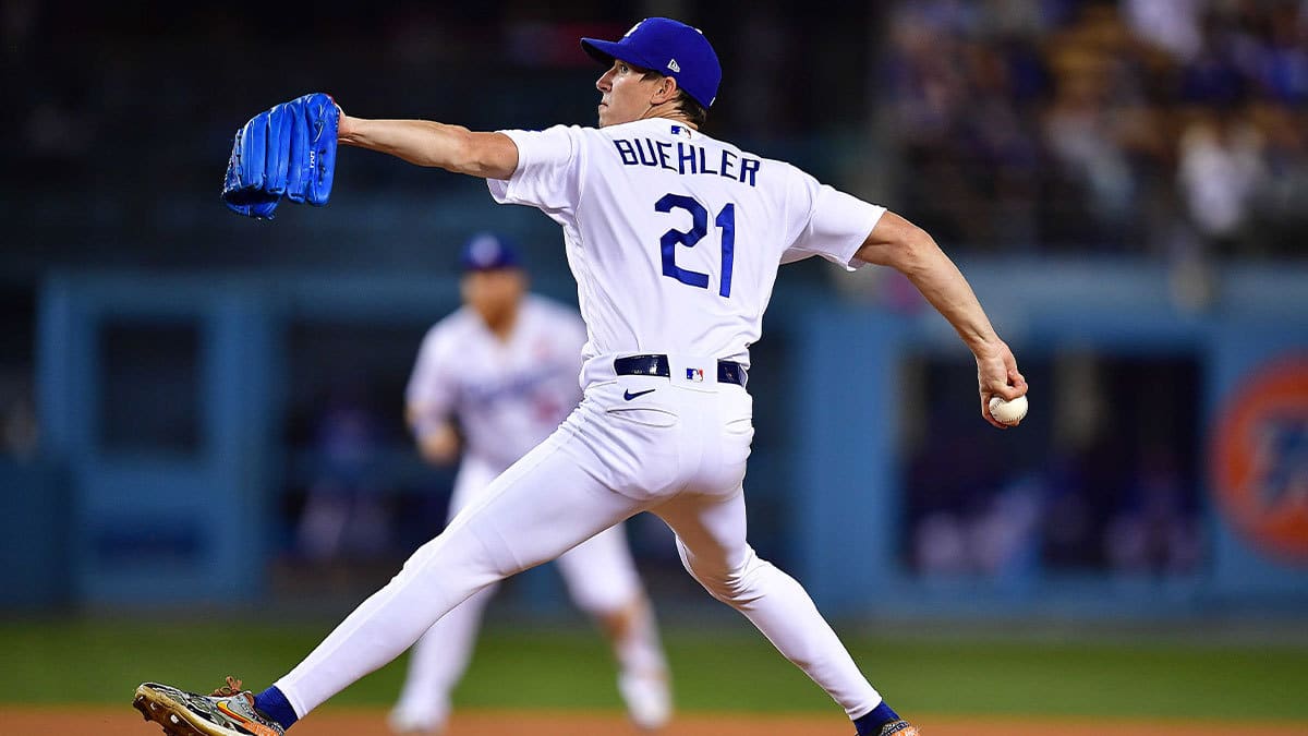 Los Angeles Dodgers starting pitcher Walker Buehler (21) throws against the Pittsburgh Pirates during the fourth inning at Dodger Stadium