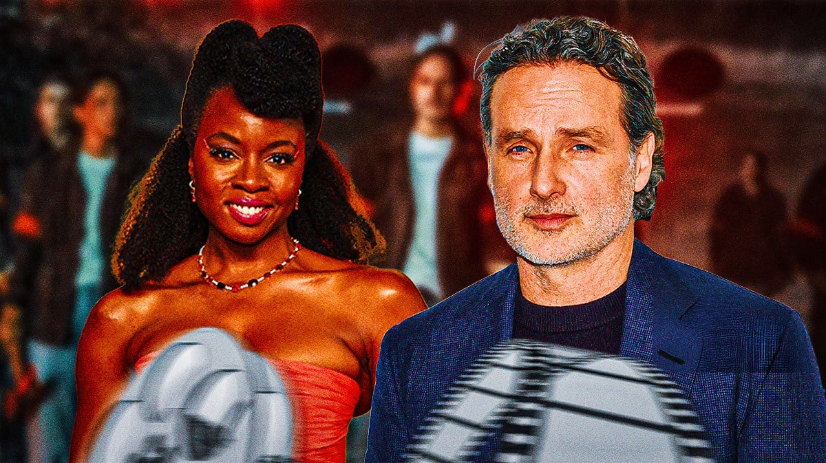 Andrew Lincoln and Danai Gurira with scene from Walking Dead: The Ones Who Live