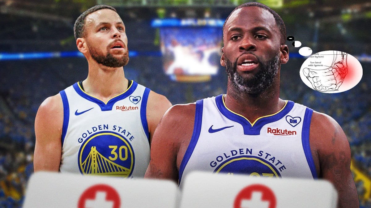 Warriors' Draymond Green looking at Stephen Curry with a thought bubble containing image of an ankle injury diagram