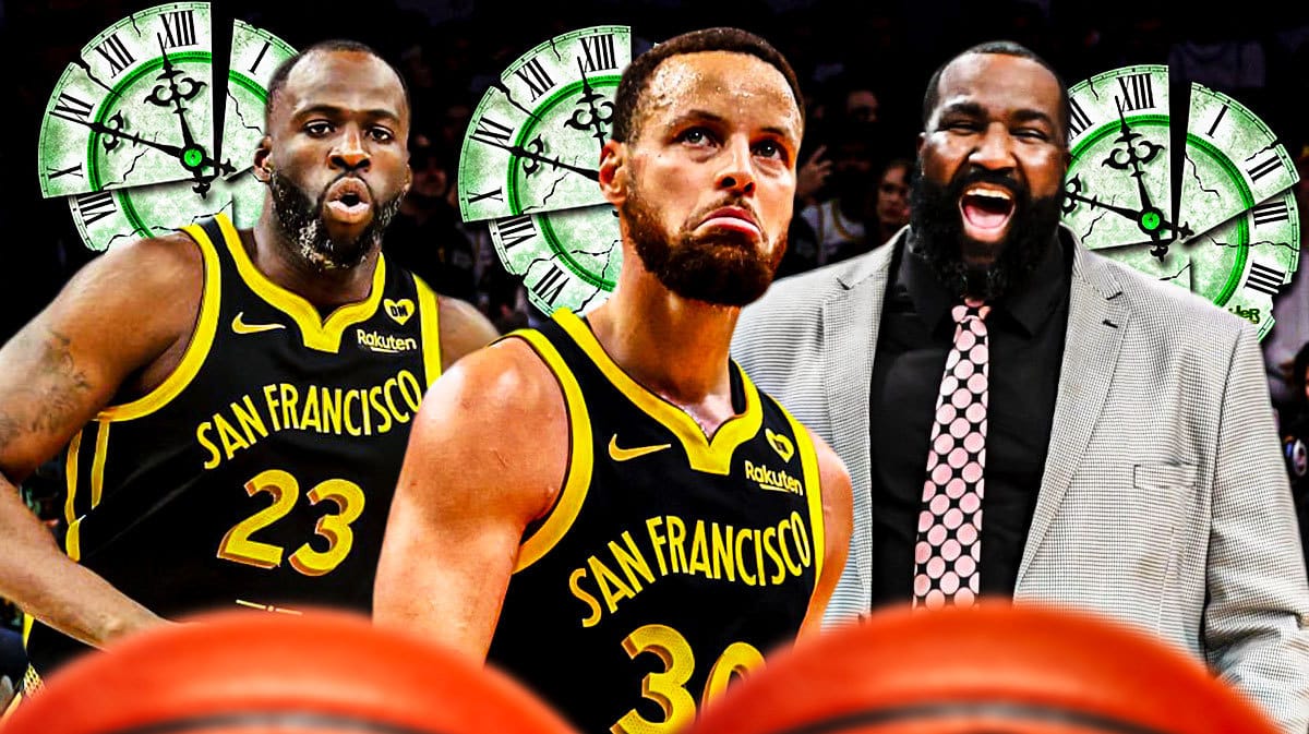Warriors' Stephen Curry and Draymond Green with broken clocks around them, with Kendrick Perkins laughing at Curry and Green