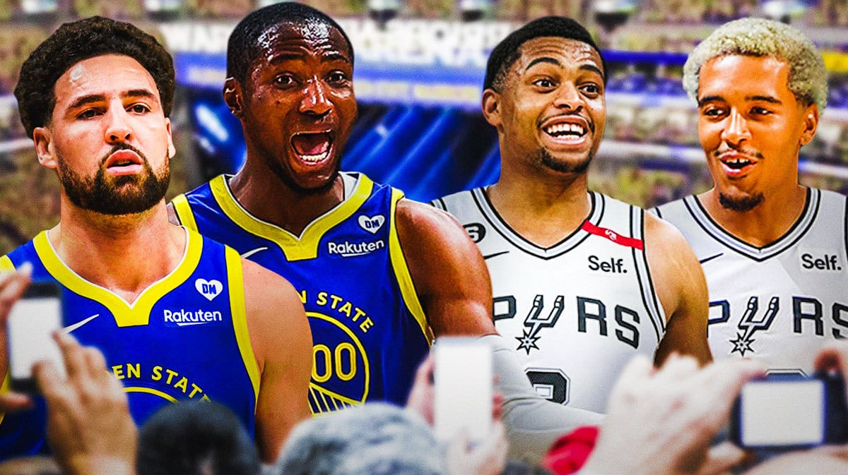 Warriors' Klay Thompson and Jonathan Kuminga and Spurs' Keldnon Johnson and Jeremy Sochan