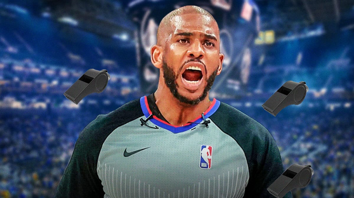 Warriors' Chris Paul looking angry while wearing a referee’s uniform, with plenty of whistles around him