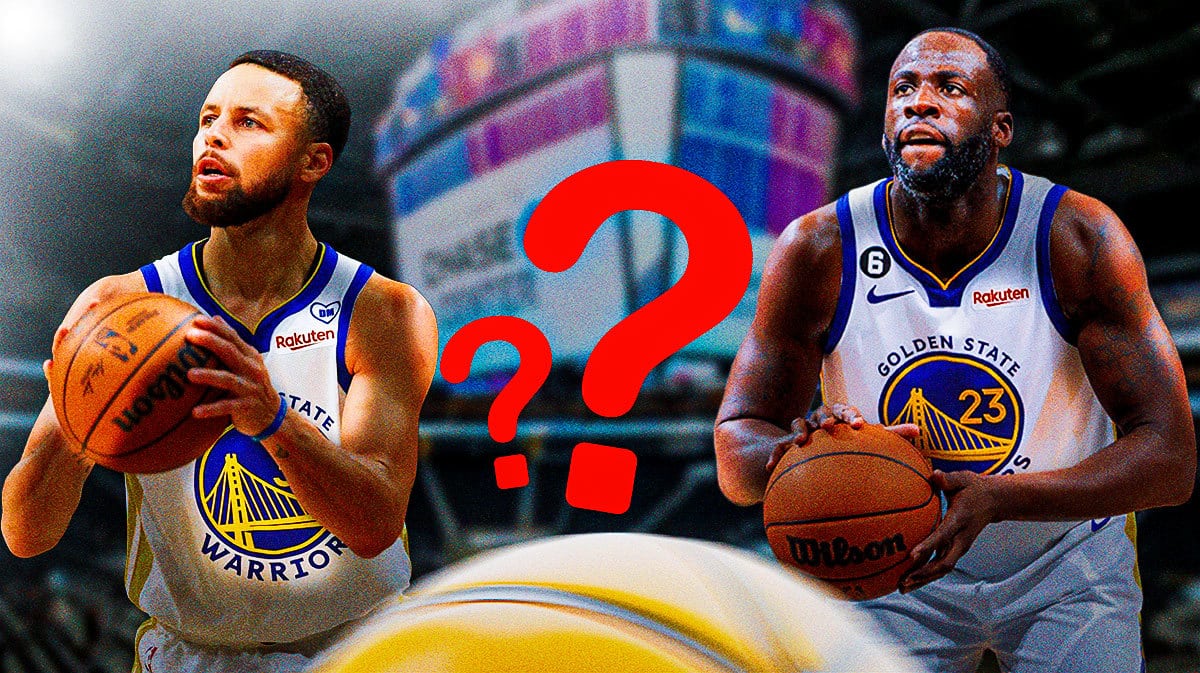 Warriors' Stephen Curry shooting a basketball on left, Warriors' Draymond Green shooting a basketball on right. Question mark in middle.