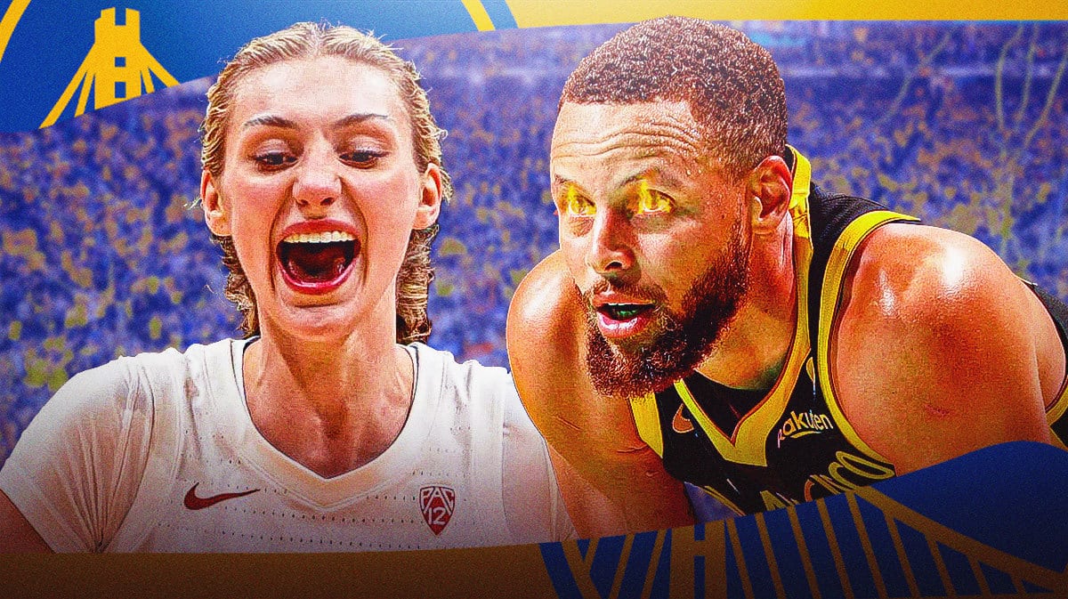 Stephen Curry with fire in his eyes. Cameron Brink shouting/looking hyped