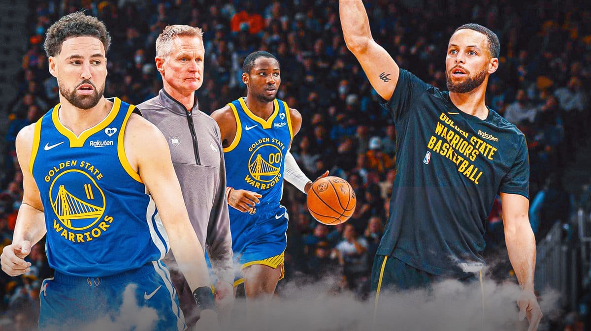 Warriors' Klay Thompson, Steve Kerr, Jonathan Kuminga and Stephen Curry