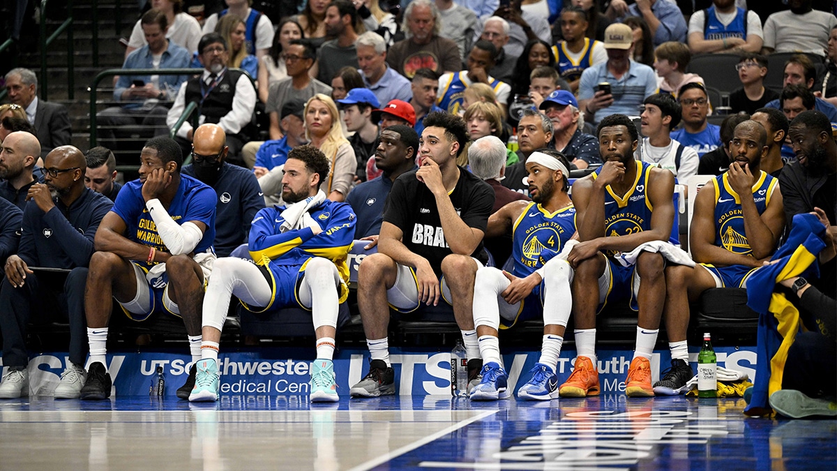A view of the Golden State Warriors team bench during the second half between the Dallas Mavericks and the Warriors at the American Airlines Center. 