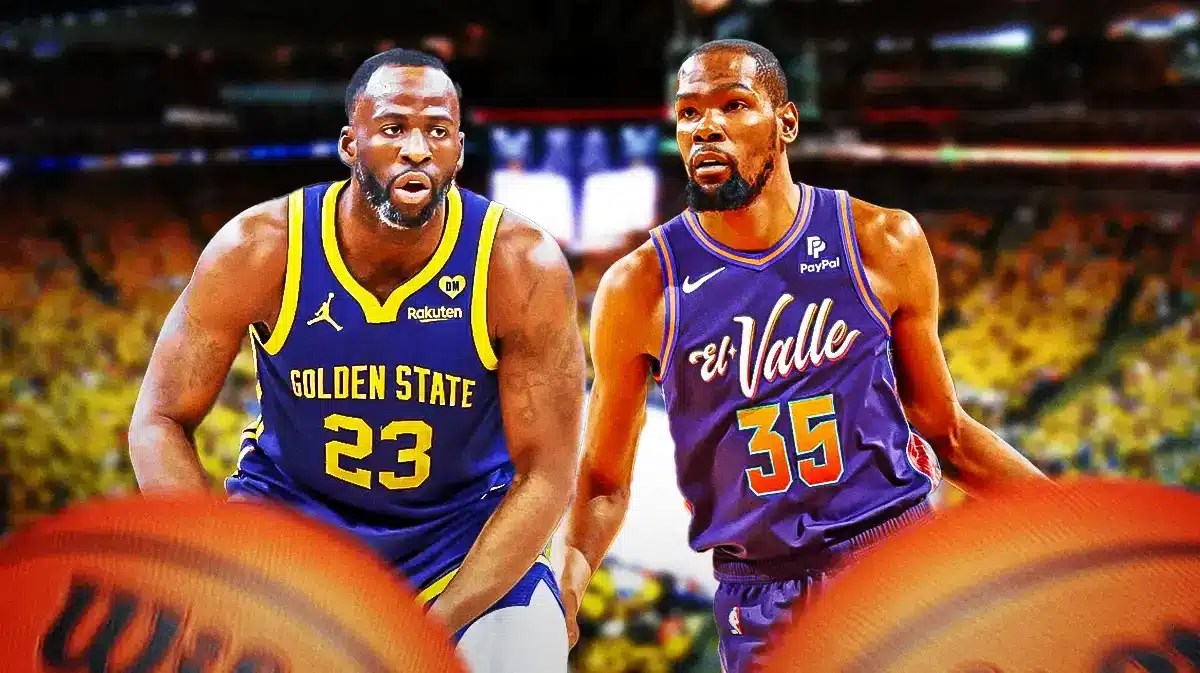 Golden State Warriors star Draymond Green and Phoenix Suns star Kevin Durant in front of the Chase Center.