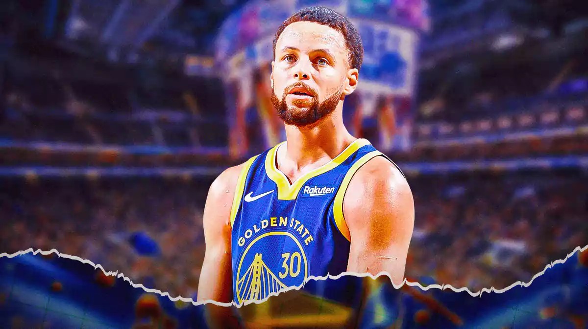 Stephen Curry with the Warriors arena in the background, injury