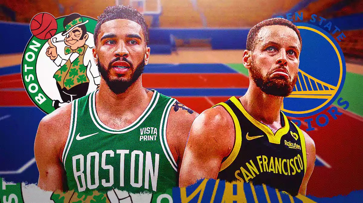 Stephen Curry opposite Jayson Tatum with the Celtics and Warriors logos in the background