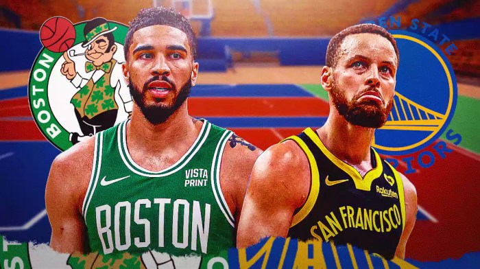 Stephen Curry opposite Jayson Tatum with the Celtics and Warriors logos in the background