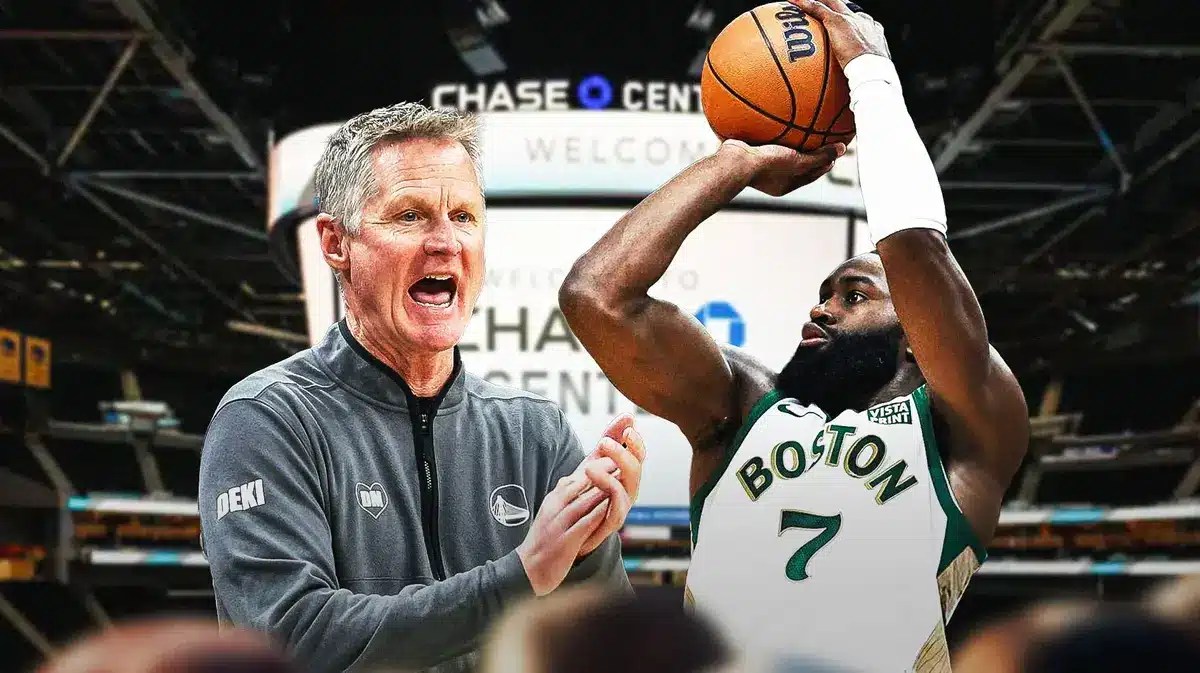 Steve Kerr, Golden State Warriors, Jaylen Brown shooting the ball, Boston Celtics
