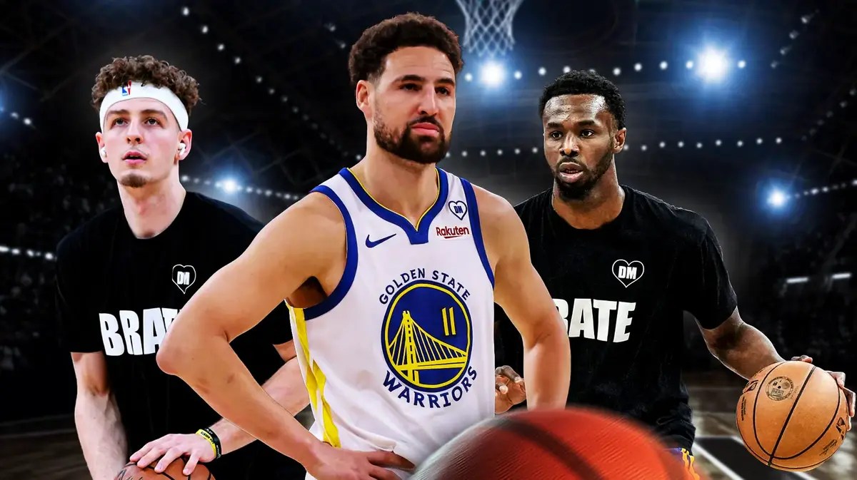 Warriors' Brandin Podziemski, Klay Thompson and Andrew Wiggins
