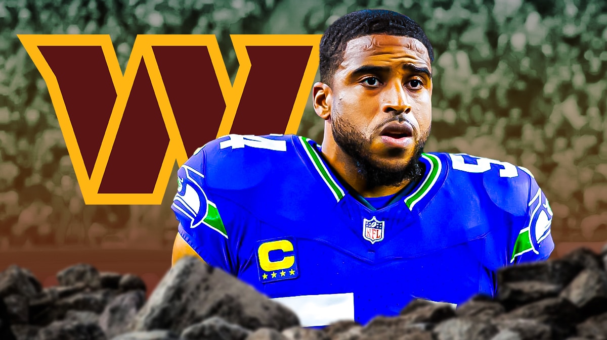 Seahawks LB Bobby Wagner stands in front of Commanders logo in free agency, Washington defense signs in background