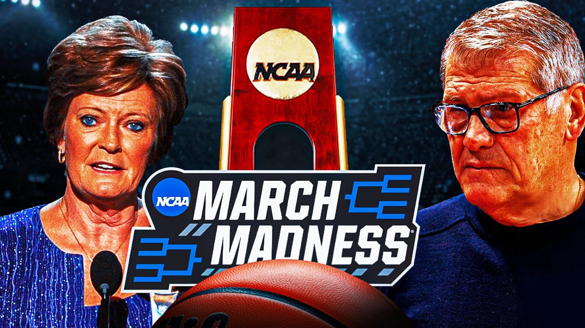 Pat Summitt on one side Geno Auriemma on the other. NCAA Tournament championship trophies all around the graphic and March Madness logo in front. The background is a March Madness bracket.